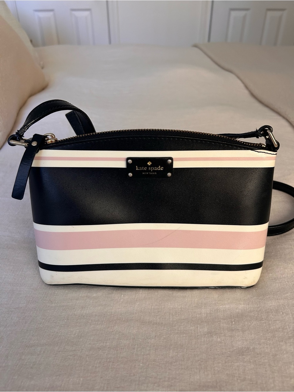 Kate Spade New York Grove Street Black, Pink & White Striped Crossbody Bag